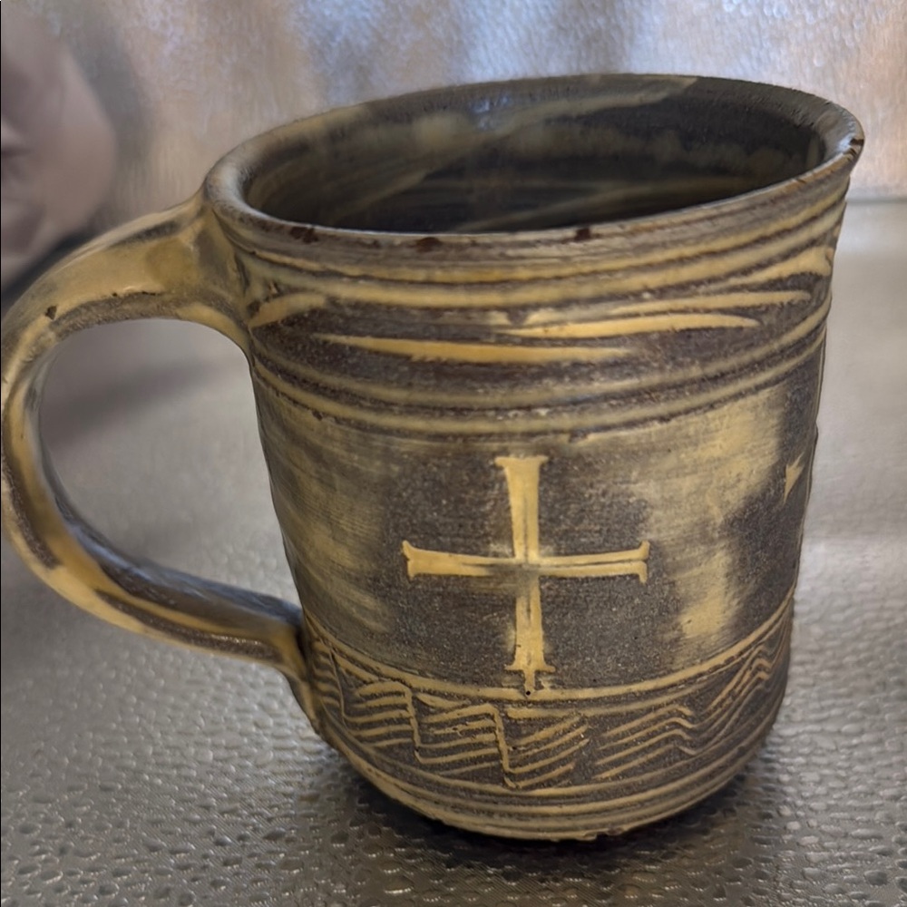 Handcrafted Ceramic Mug with Cross Design - Brown and Tan